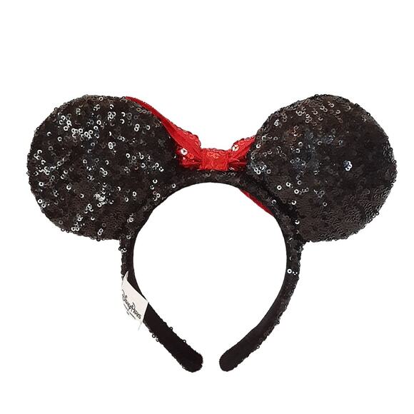 Disney Parks Classic Minnie Mouse Ear Headband Black Red Sequined Disney Trip - Picture 3 of 4